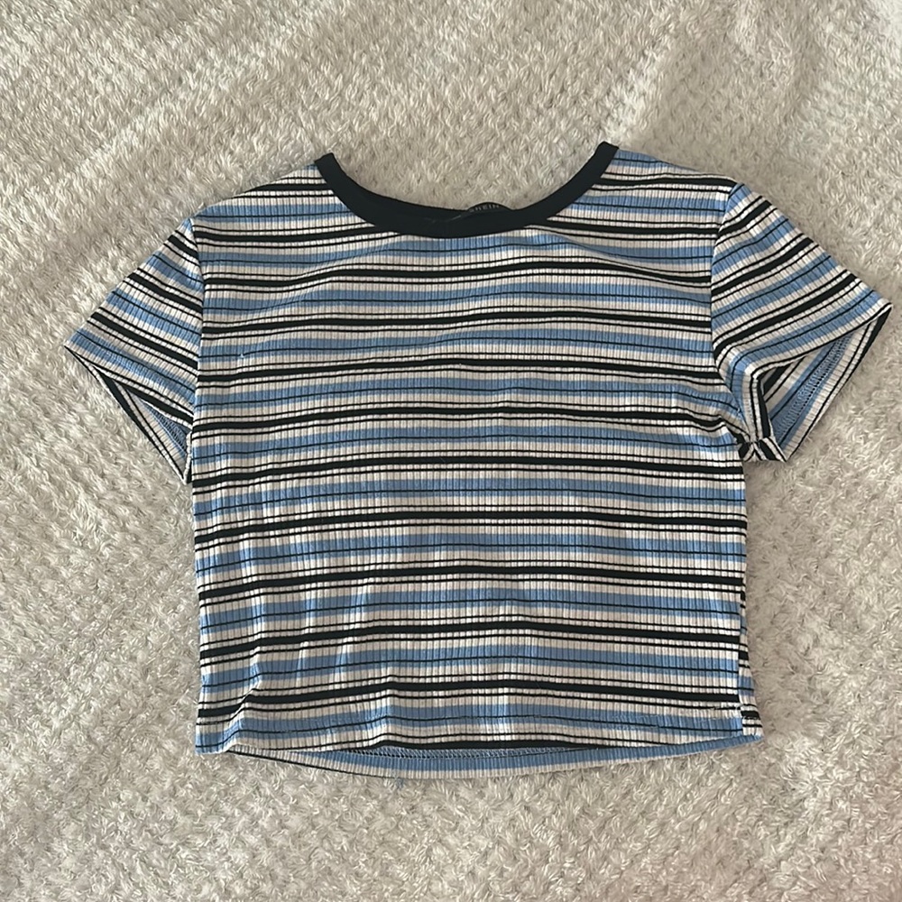 White, black, blue striped crop top